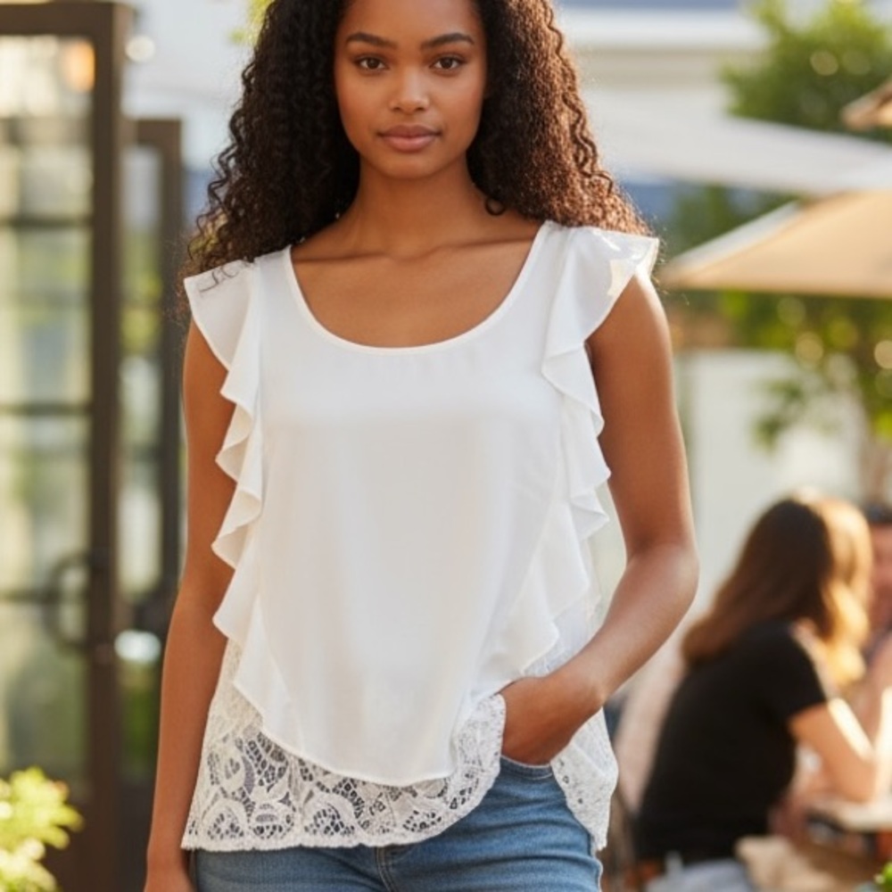 LC Lauren Conrad White Ruffle Lace Top